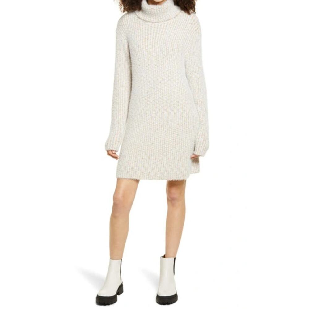 Lulus Sweet Whispers Sweater Dress Med Ivory Turtleneck Soft Cozy Eyelash Knit